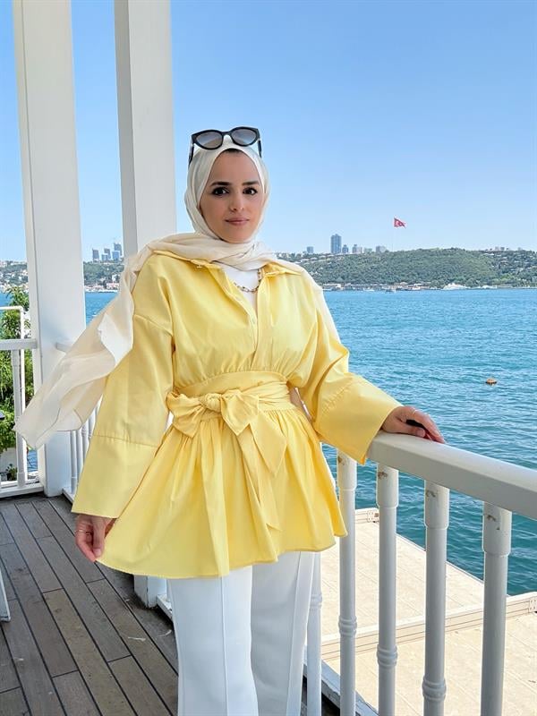 Poplin Kimono Gömlek – Belden Kuşaklı, Düğmeli Sarı