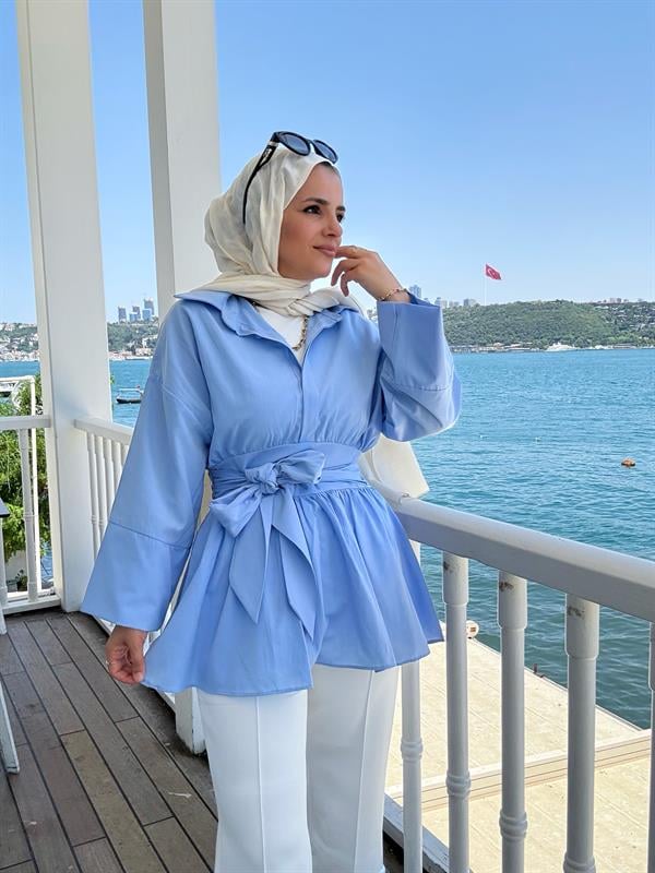 Poplin Kimono Gömlek – Belden Kuşaklı, Düğmeli Mavi