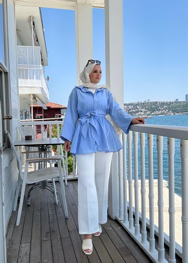 Poplin Kimono Gömlek – Belden Kuşaklı, Düğmeli Mavi