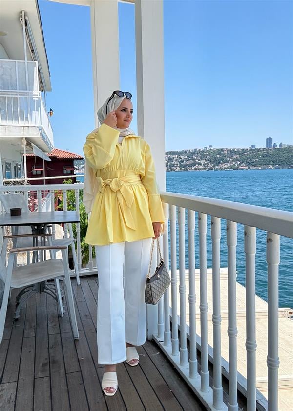 Poplin Kimono Gömlek – Belden Kuşaklı, Düğmeli Sarı
