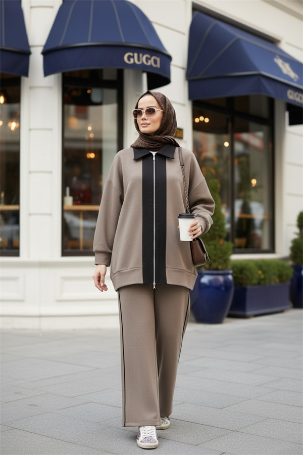 Nordic Selanik- Kaşe Detaylı  Oversize  Takım |Vizonkahve