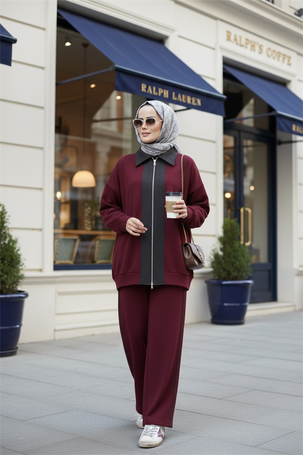 Nordic Selanik- Kaşe Detaylı  Oversize  Takım | Bordo