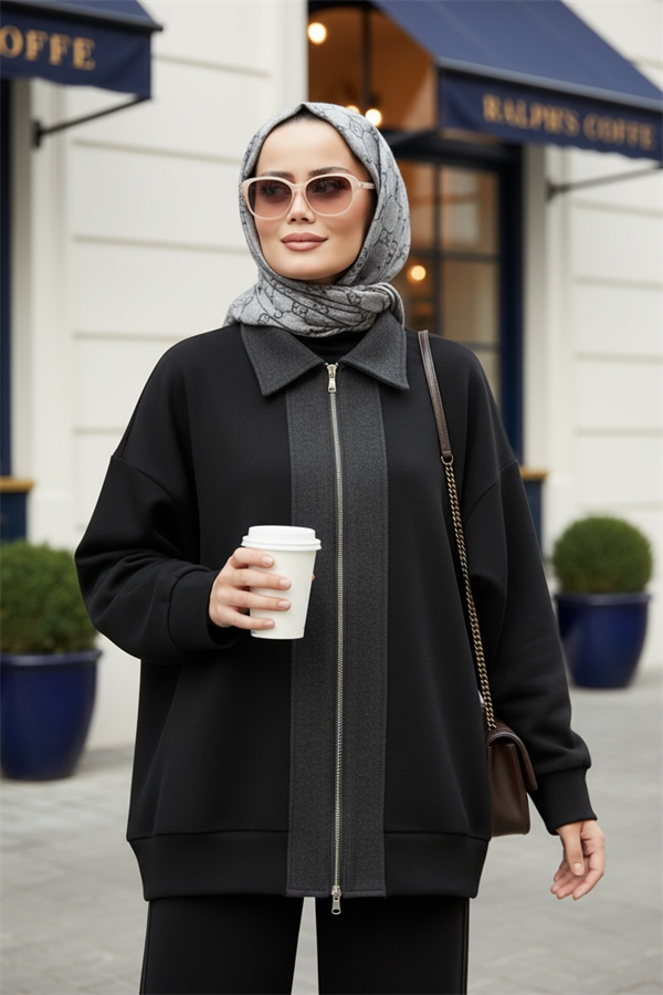 Nordic Selanik- Kaşe Detaylı  Oversize  Takım | Siyah