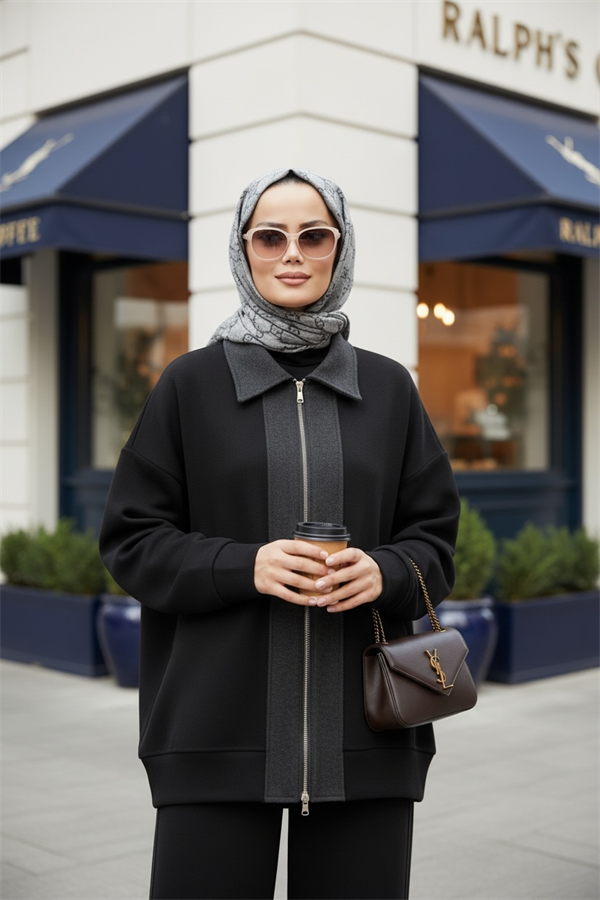 Nordic Selanik- Kaşe Detaylı  Oversize  Takım | Siyah