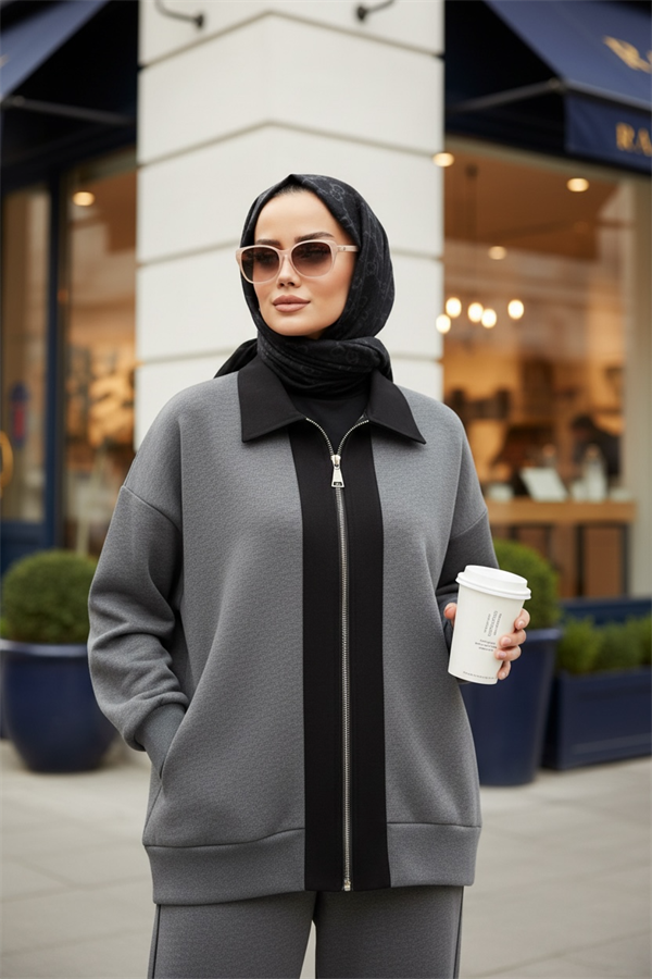 Nordic Selanik- Kaşe Detaylı  Oversize  Takım |Gri