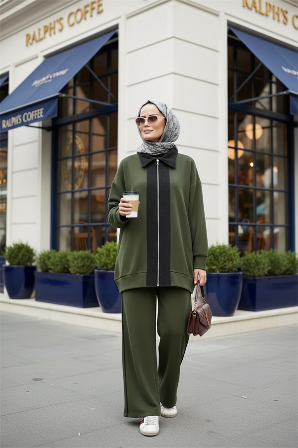 Nordic Selanik- Kaşe Detaylı  Oversize  Takım |Hakiyeşil