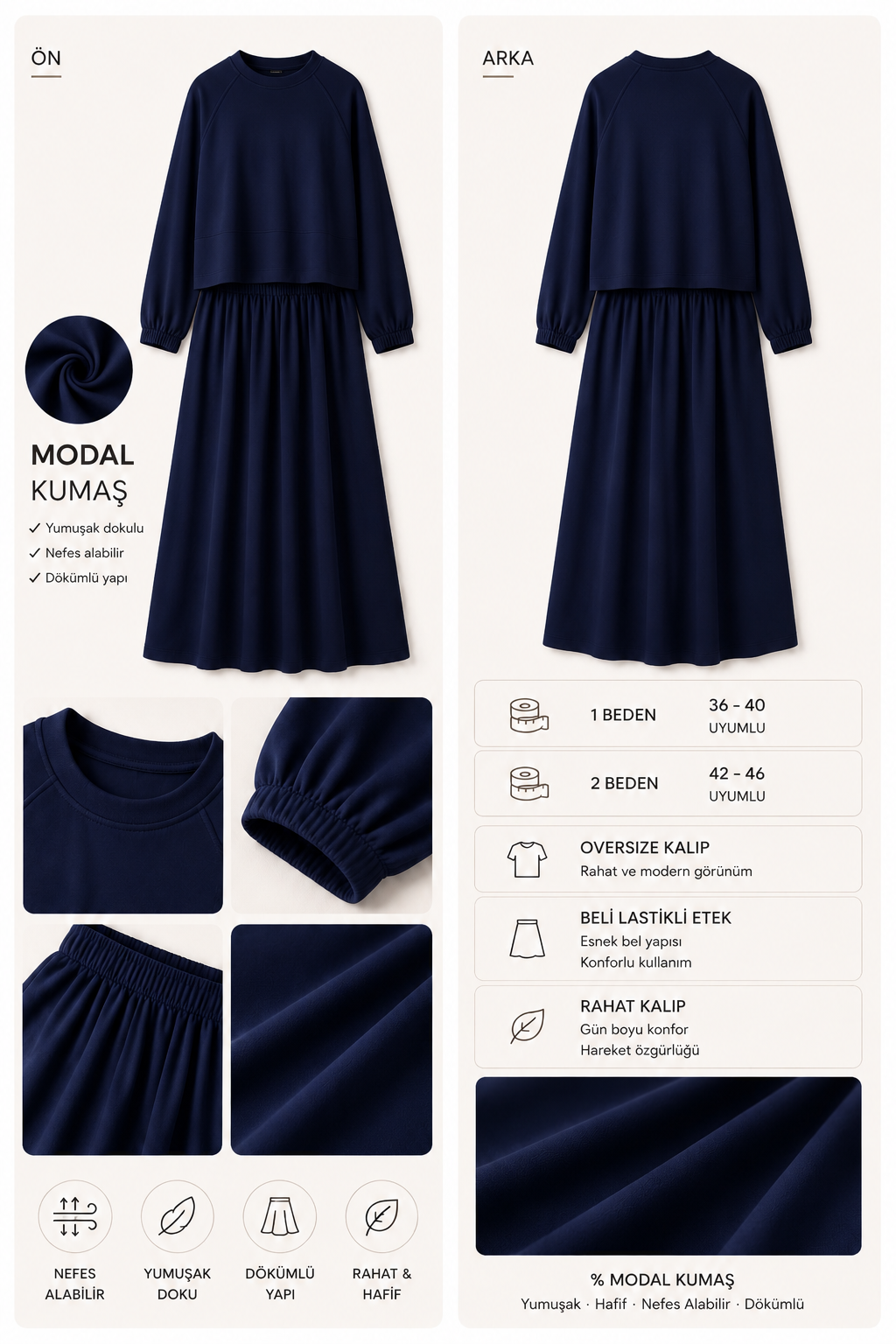 Mihra  Modal Kumaş Oversize Etekli Takım – Lacivert