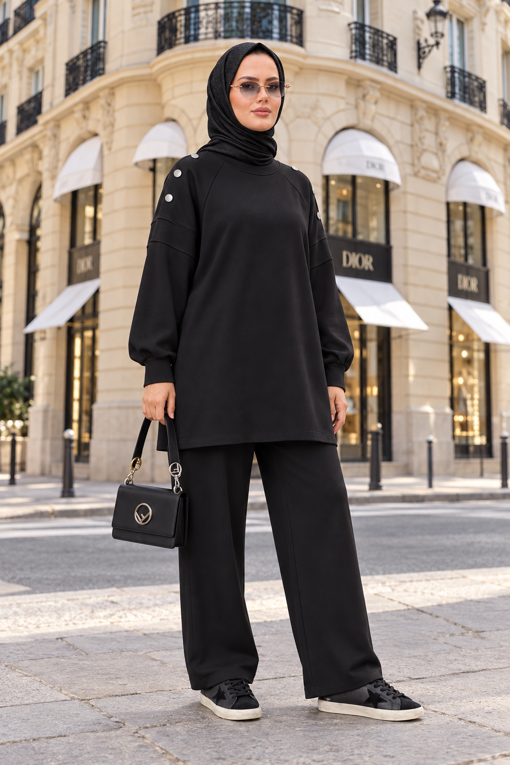 Mira Omuz Düğmeli Oversize Modal Pantolonlu Takım Siyah
