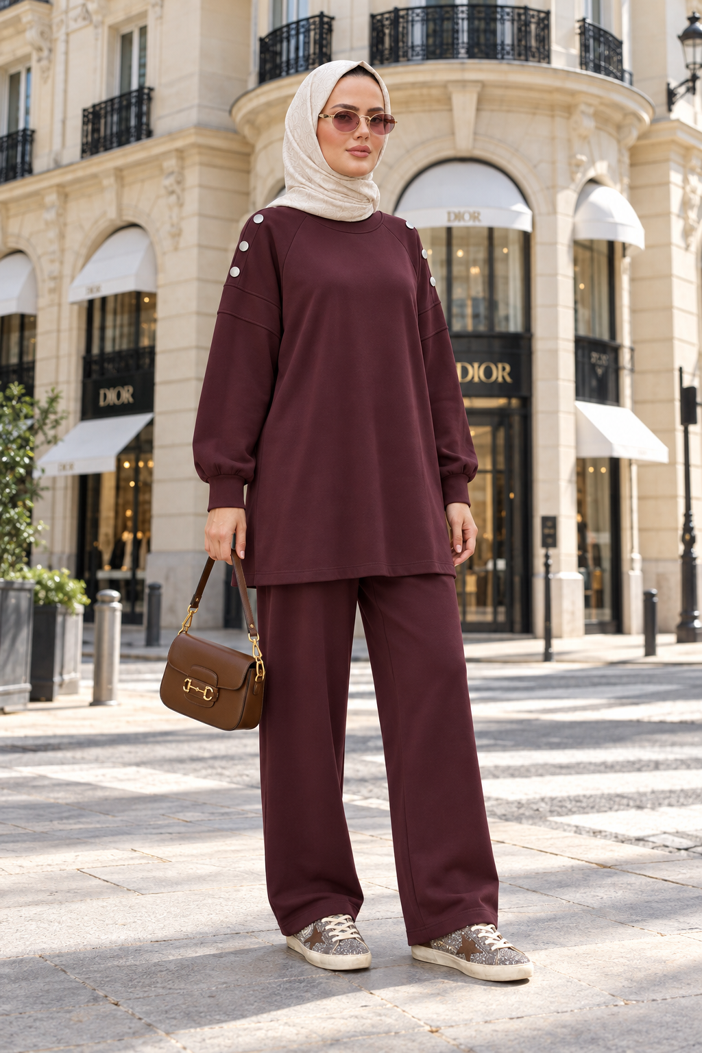 Mira Omuz Düğmeli Oversize Modal Pantolonlu Takım Bordo