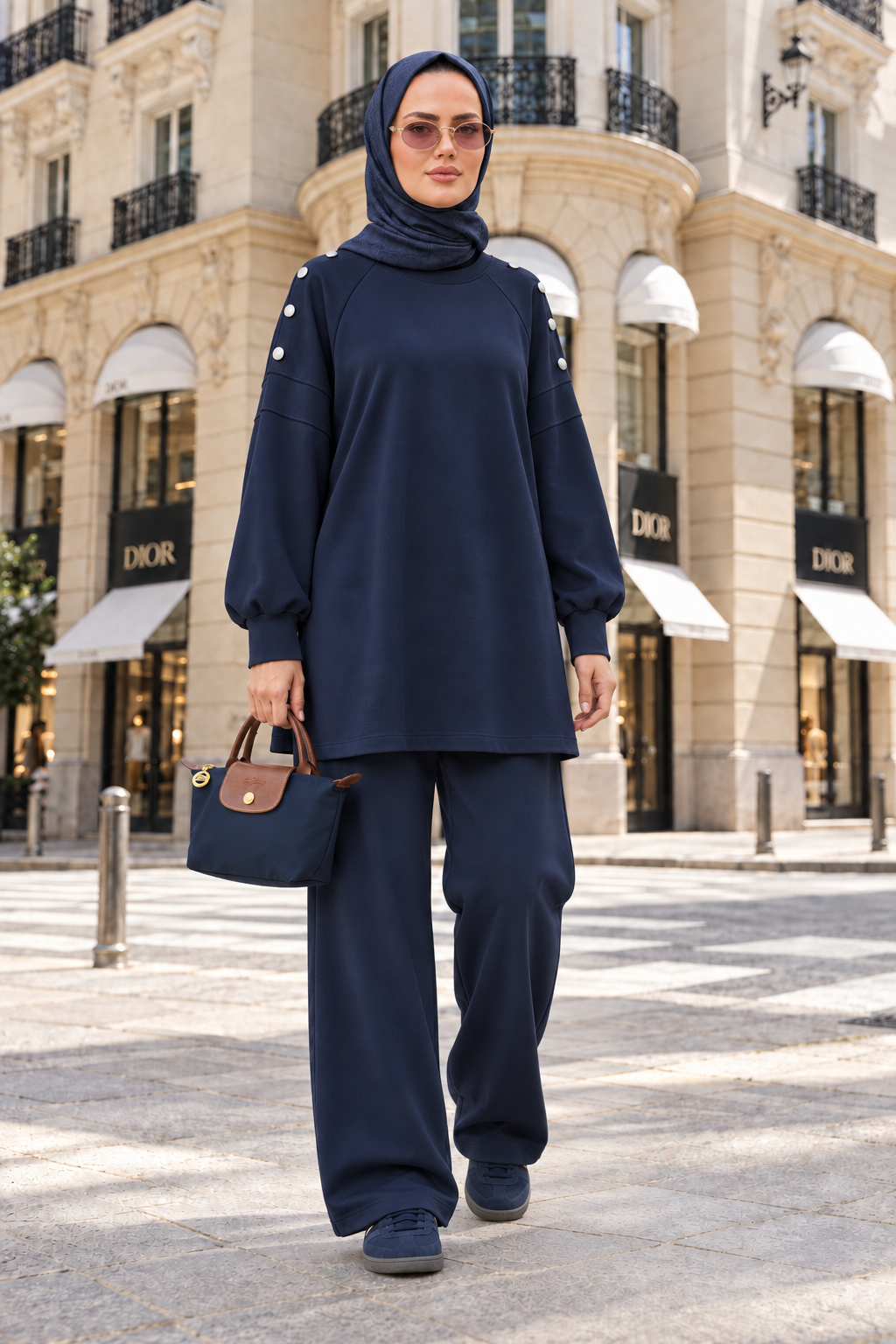 Mira Omuz Düğmeli Oversize Modal Pantolonlu Takım Lacivert