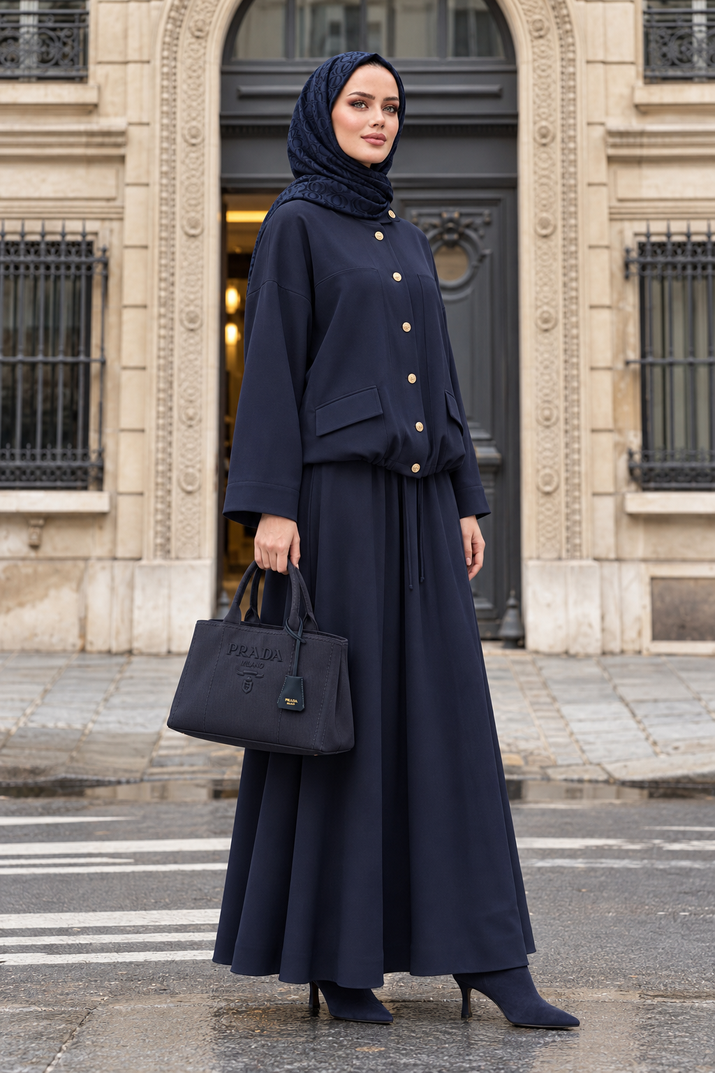 Buttoned Gold Tencel Set - Modest Skirt Suit - Navy Blue
