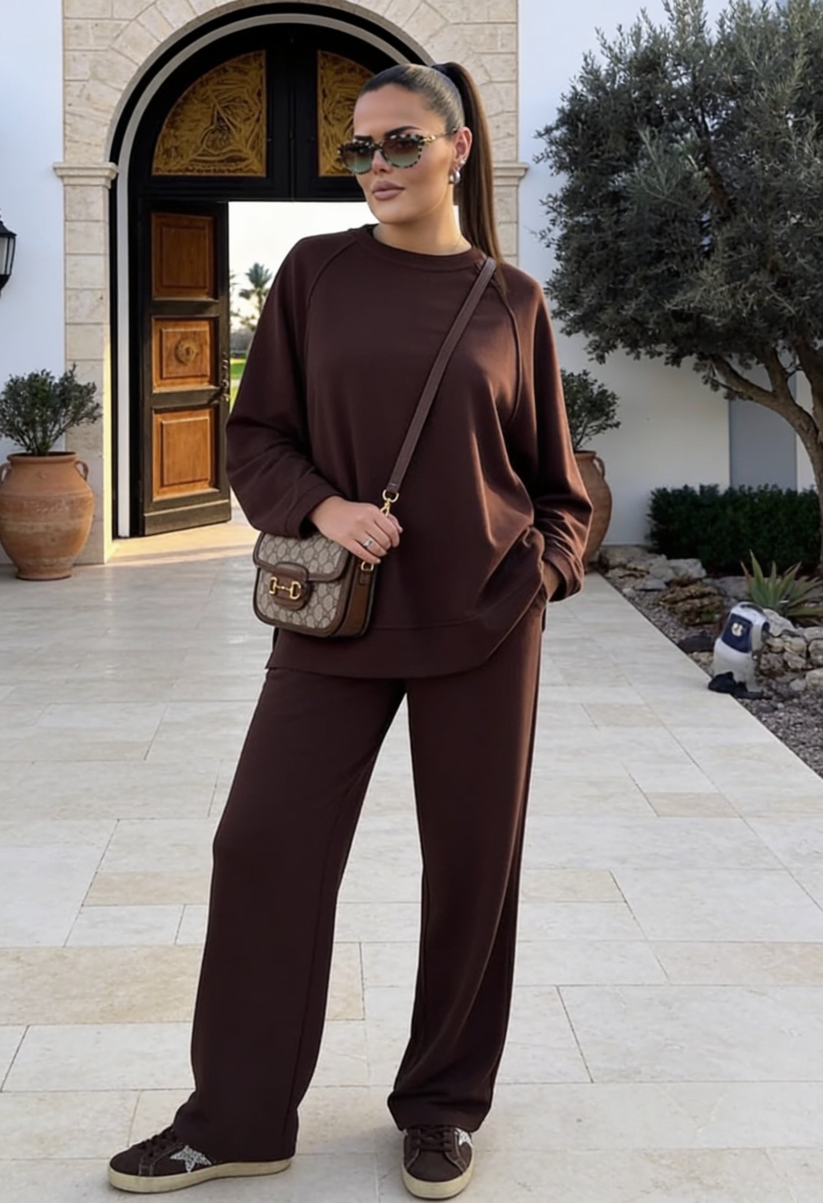 Aluna Modal Pantolonlu Takım |  Oversize Rahat Kalıp-Acıkahve