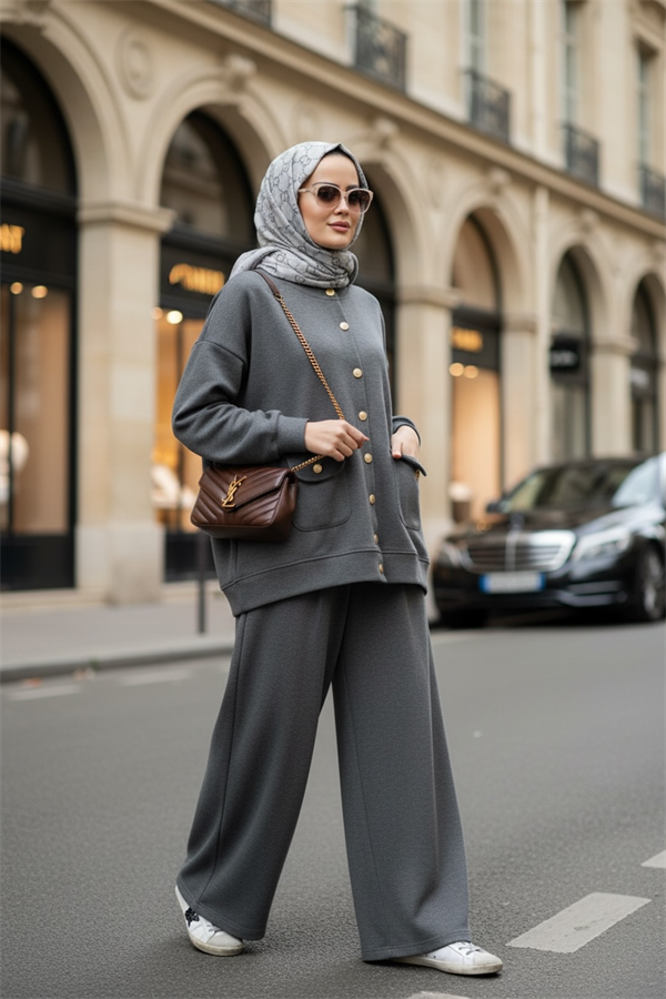 Oslo Selanik Kumaş Hırka İkili Takım – Oversize Kalıp – Kışlık Tesettür Takım Gri