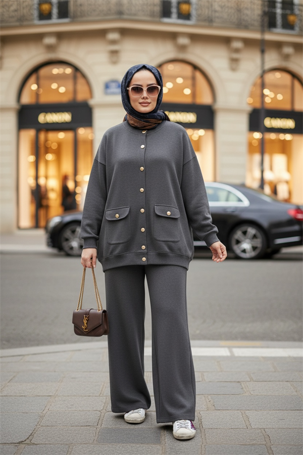 Oslo Selanik Kumaş Hırka İkili Takım – Oversize Kalıp – Kışlık Tesettür Takım Gri