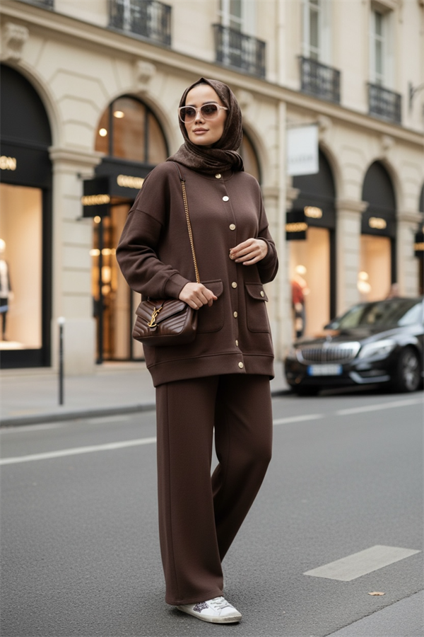 Oslo Selanik Kumaş Hırka İkili Takım – Oversize Kalıp – Kışlık Tesettür Takım Acıkahve