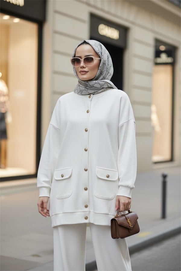 Oslo Selanik Kumaş Hırka İkili Takım – Oversize Kalıp – Kışlık Tesettür Takım Ekru