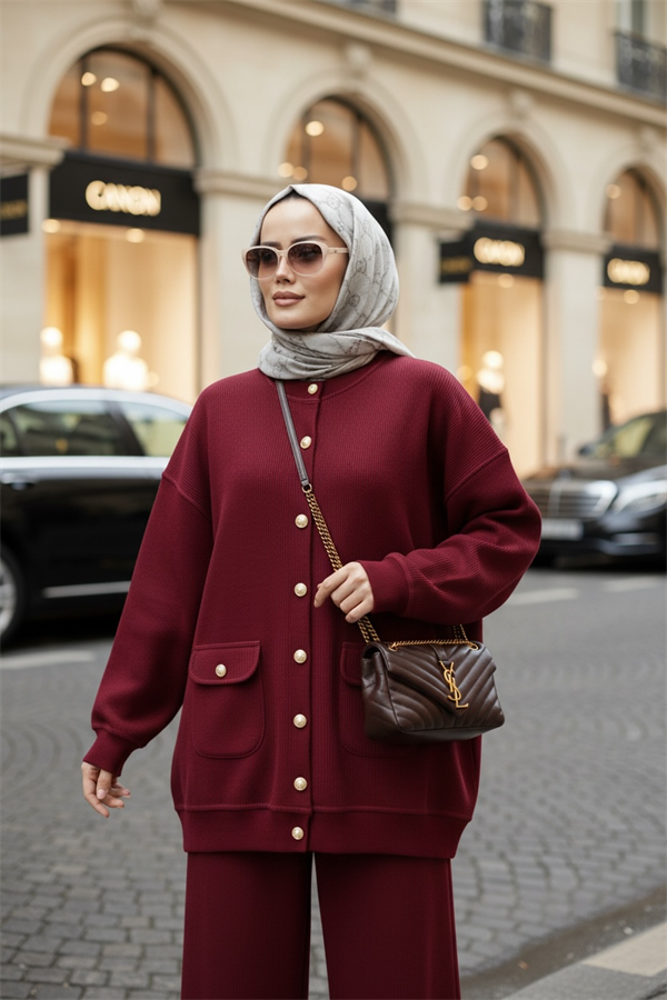 Oslo Selanik Kumaş Hırka İkili Takım – Oversize Kalıp – Kışlık Tesettür Takım Bordo