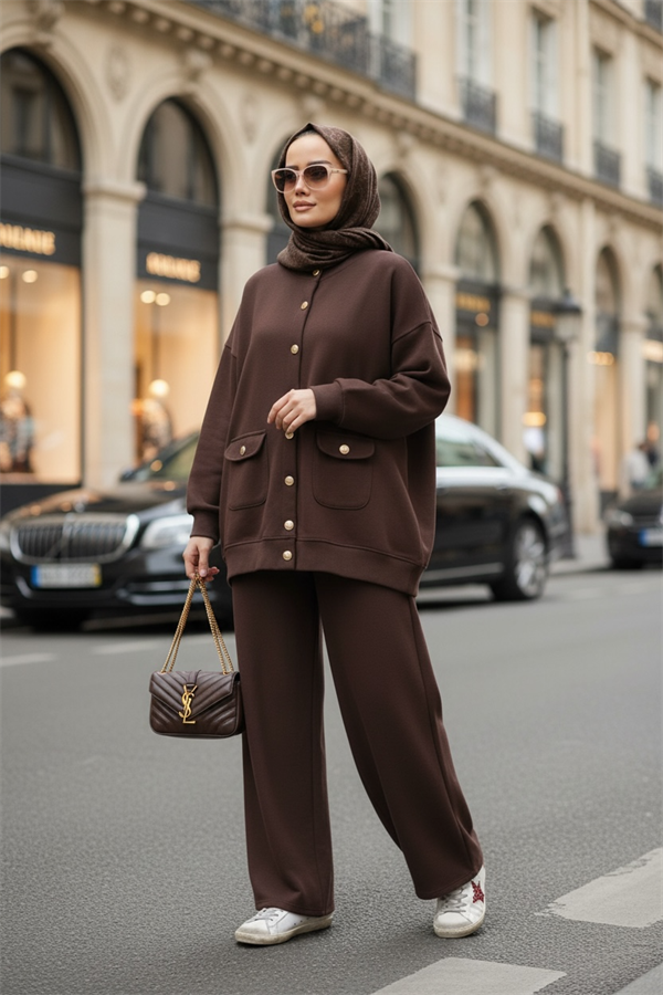 Oslo Selanik Kumaş Hırka İkili Takım – Oversize Kalıp – Kışlık Tesettür Takım Acıkahve