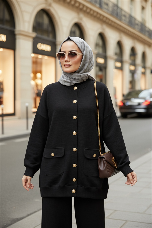 Oslo Selanik Kumaş Hırka İkili Takım – Oversize Kalıp – Kışlık Tesettür Takım Siyah