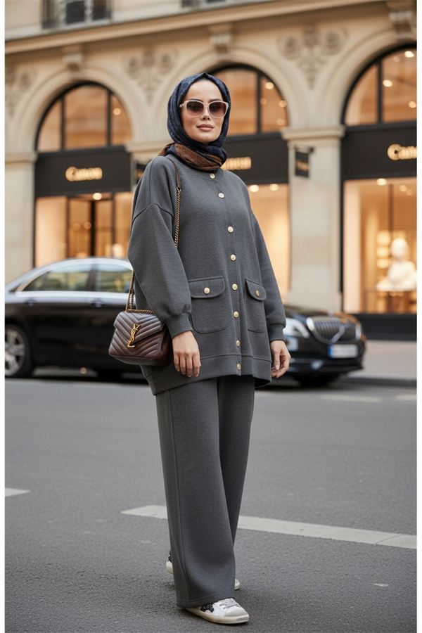 Oslo Selanik Kumaş Hırka İkili Takım – Oversize Kalıp – Kışlık Tesettür Takım Gri