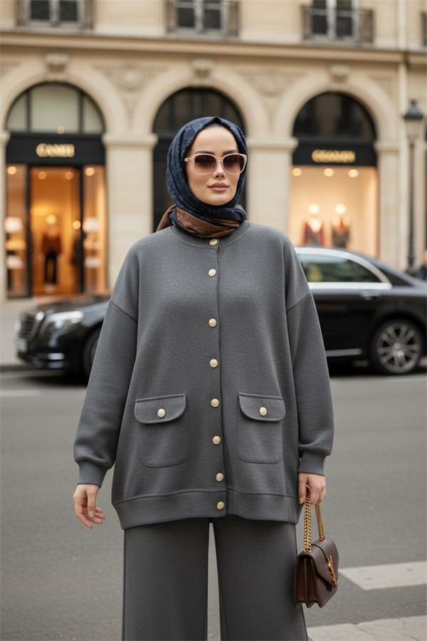 Oslo Selanik Kumaş Hırka İkili Takım – Oversize Kalıp – Kışlık Tesettür Takım Gri