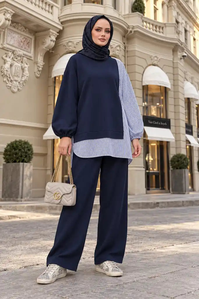 Striped Shirt Detailed Tunic Two-Piece Set | Pocketed Wide Leg Trousers and Tunic Navy Blue