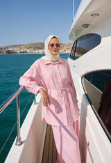 Pink Women's Modest Summer Set with Strawberry Linen Shirt – Comfortable Elegance with Pocketed Trousers (Sizes 36-48)