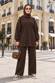 Mira Omuz Düğmeli Oversize Modal Pantolonlu Takım Kahverengi