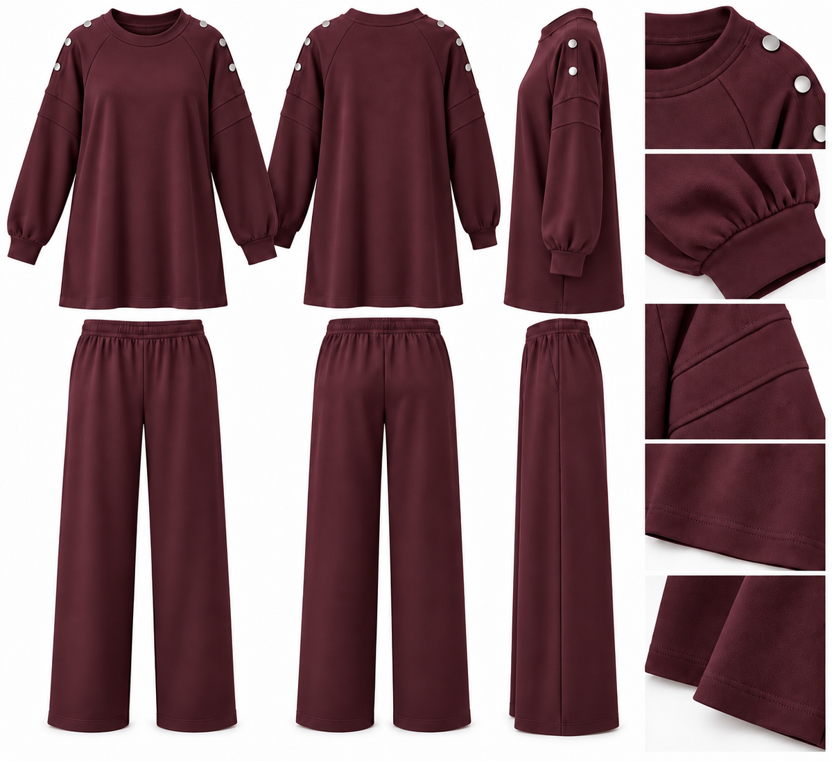 Mira Omuz Düğmeli Oversize Modal Pantolonlu Takım Bordo
