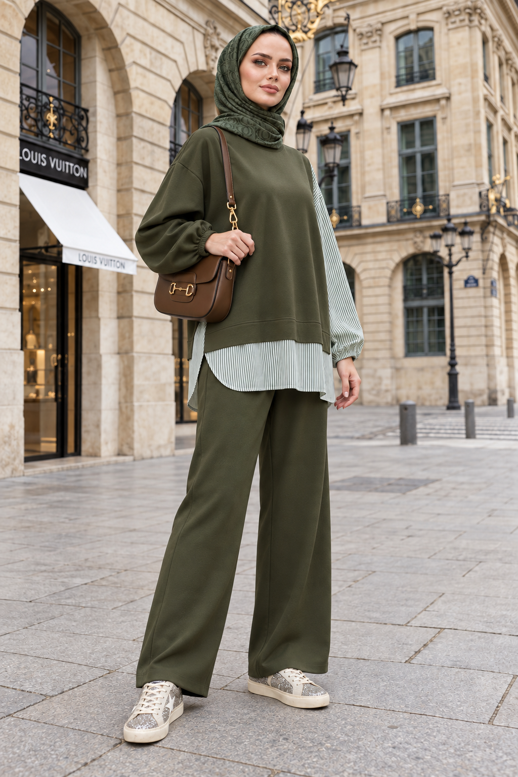 Striped Shirt Detail Tunic Two-Piece Set | Pocketed Wide Leg and Tunic Green