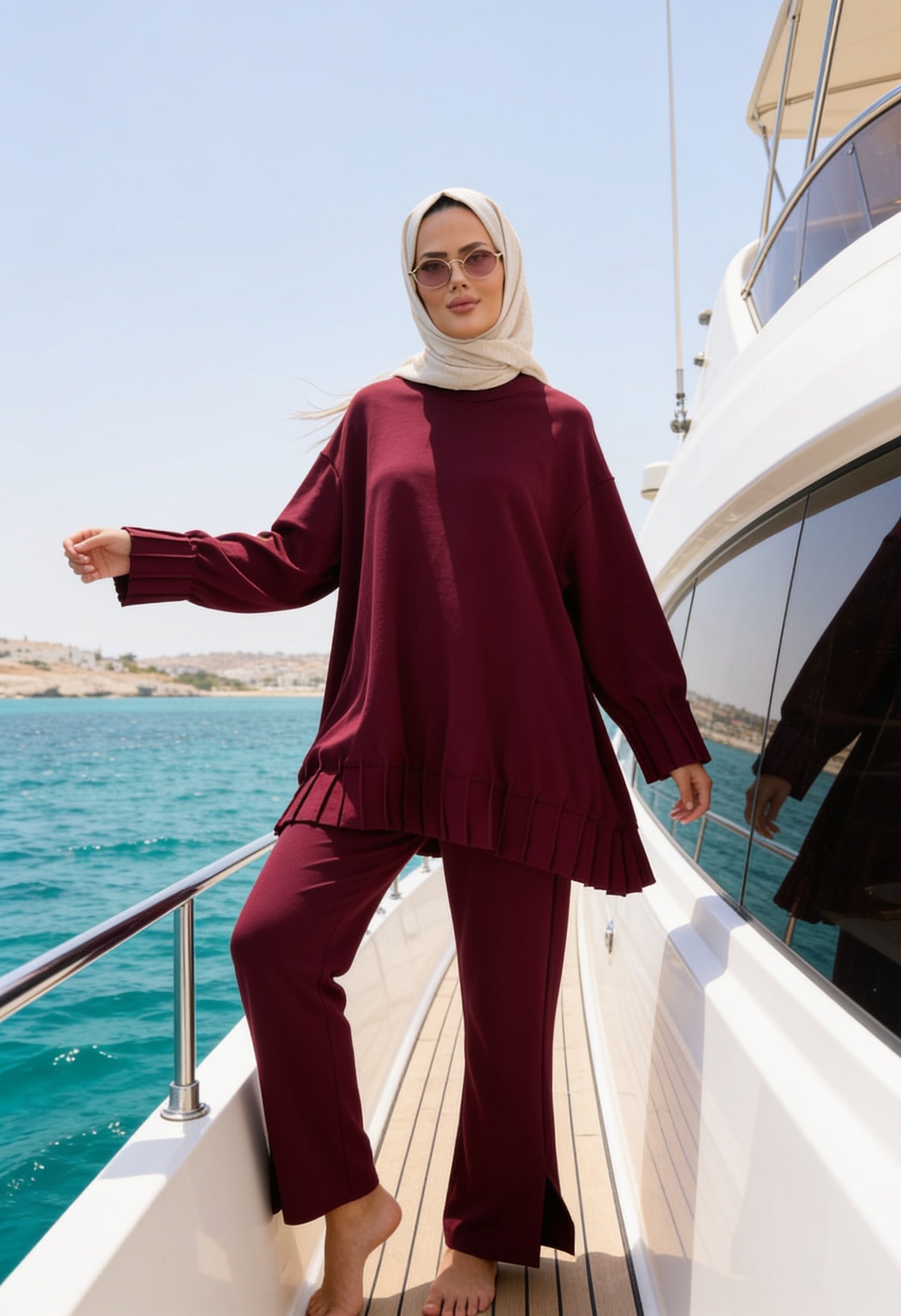 Alisa Pileli Premium Modal  Kumaş Tesettür İkili Takım – Bordo