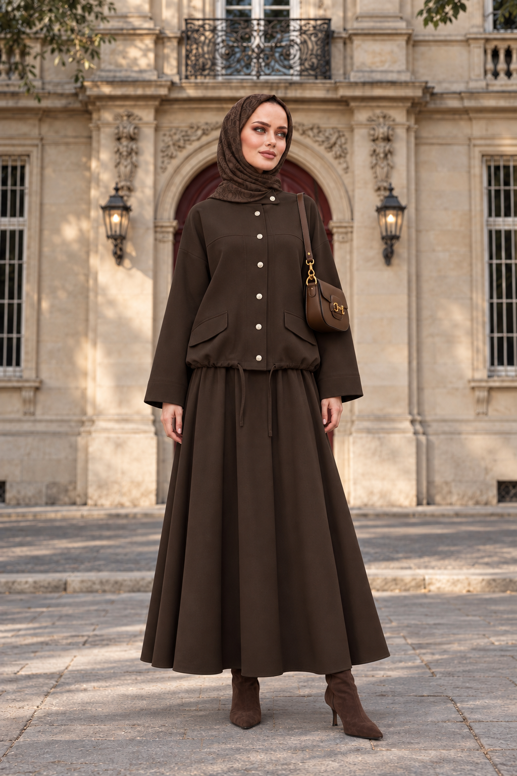Button-Down Gold Tencel Set - Modest Skirt Set - Light Brown
