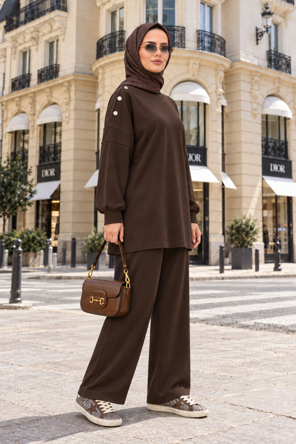 Mira Omuz Düğmeli Oversize Modal Pantolonlu Takım Kahverengi