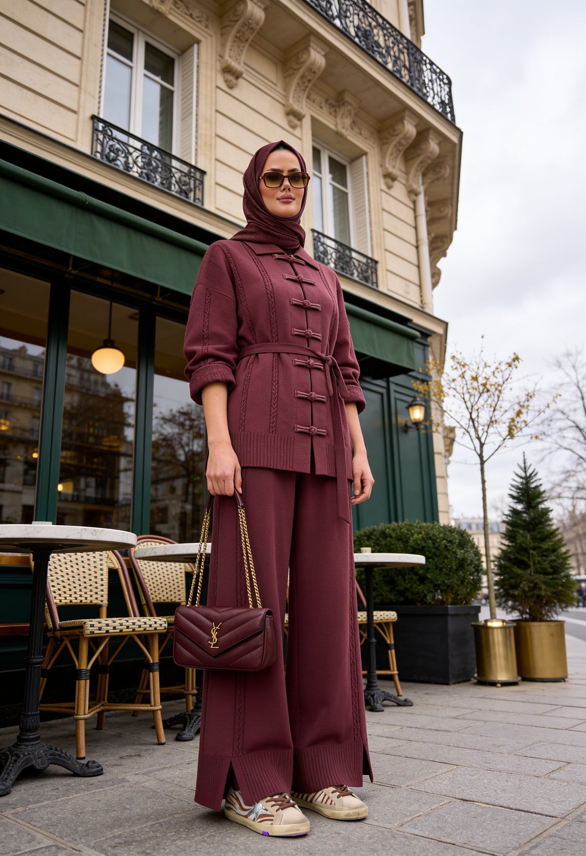 Çin Düğme Detaylı Kuşaklı Triko İkili Takım Mürdüm