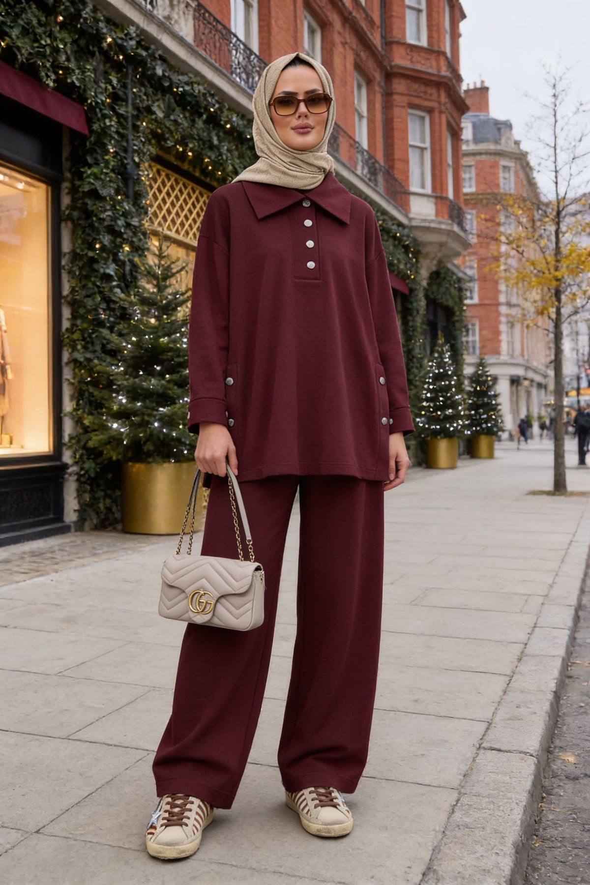 Alina Polo Yaka İkili Takım Bordo