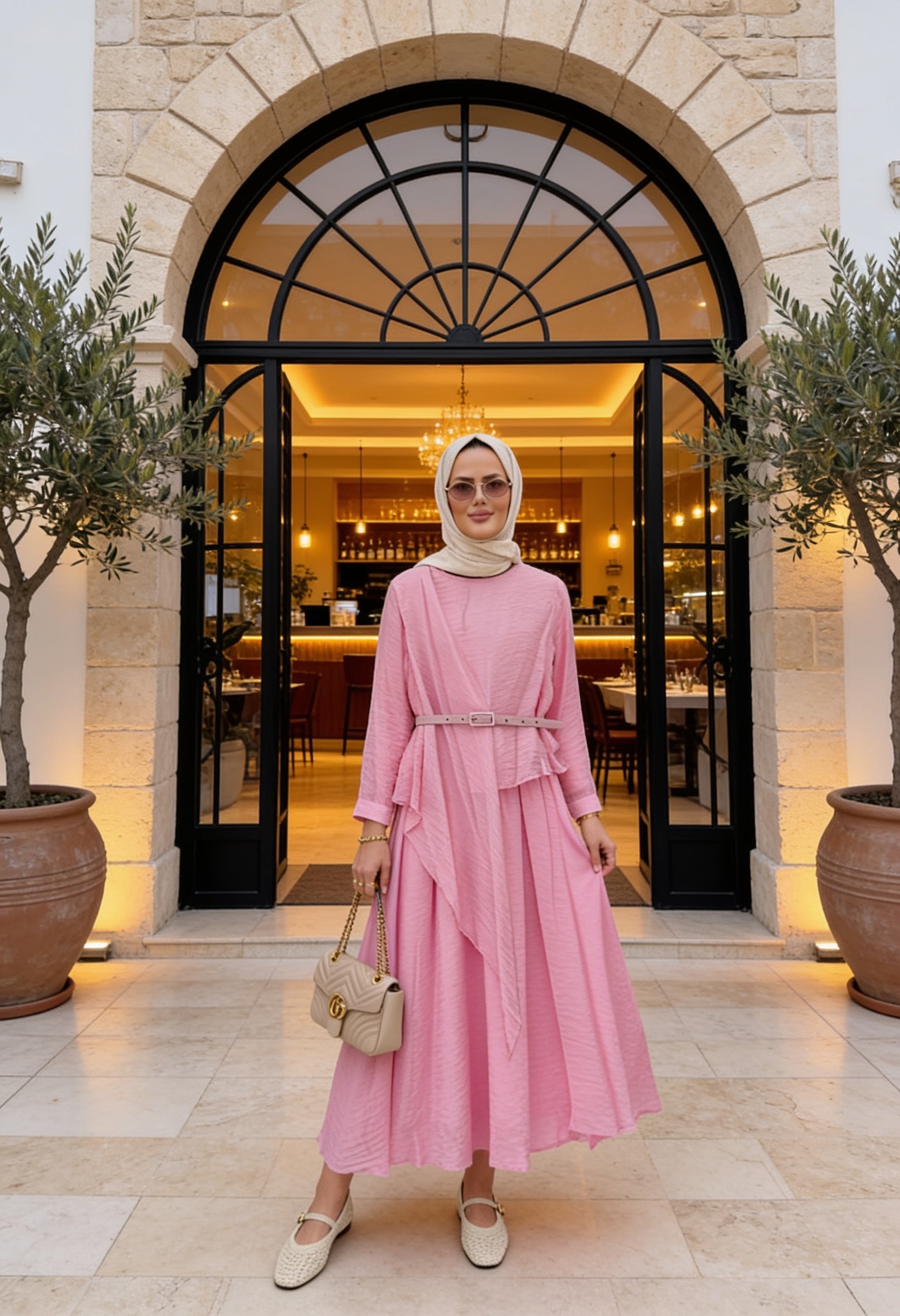 Pamuklu Astarlı Kemerli Şal Detay Etekli Takım Pembe