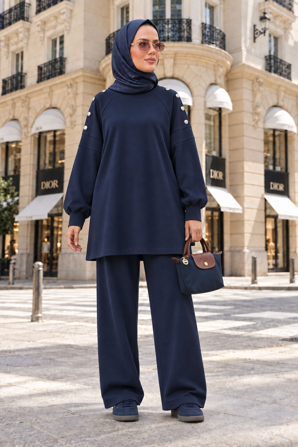 Mira Omuz Düğmeli Oversize Modal Pantolonlu Takım Lacivert