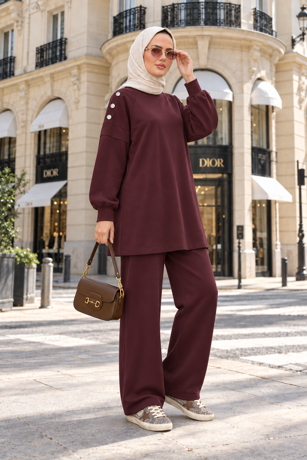 Mira Omuz Düğmeli Oversize Modal Pantolonlu Takım Bordo