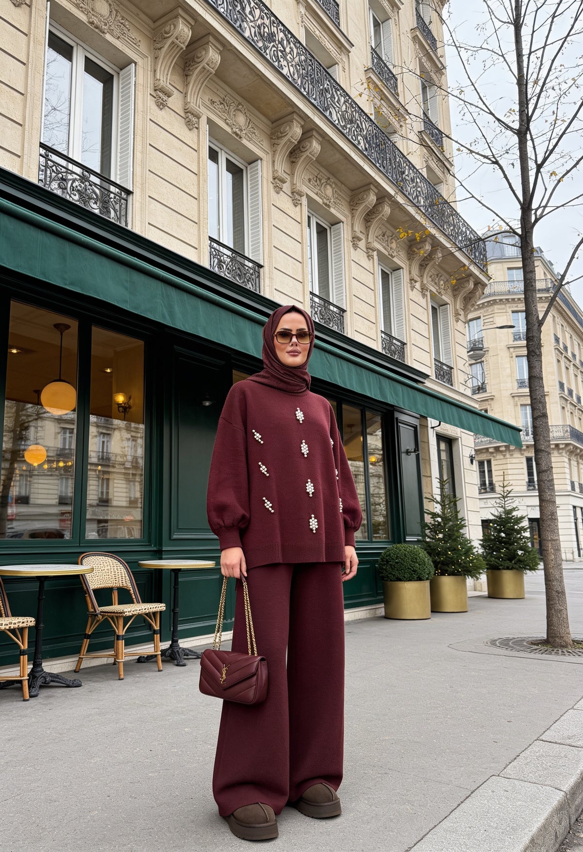 Taş Detaylı Balon Kol Triko Tunik Pantolon Takım Bordo