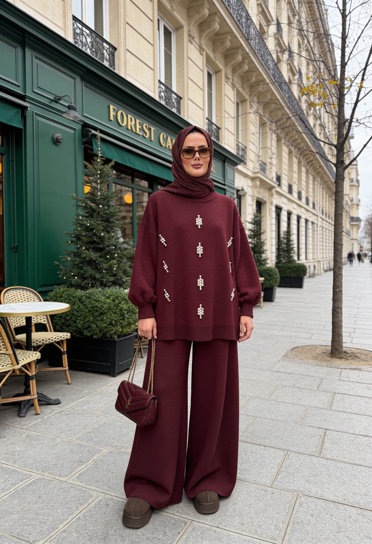 Taş Detaylı Balon Kol Triko Tunik Pantolon Takım Bordo