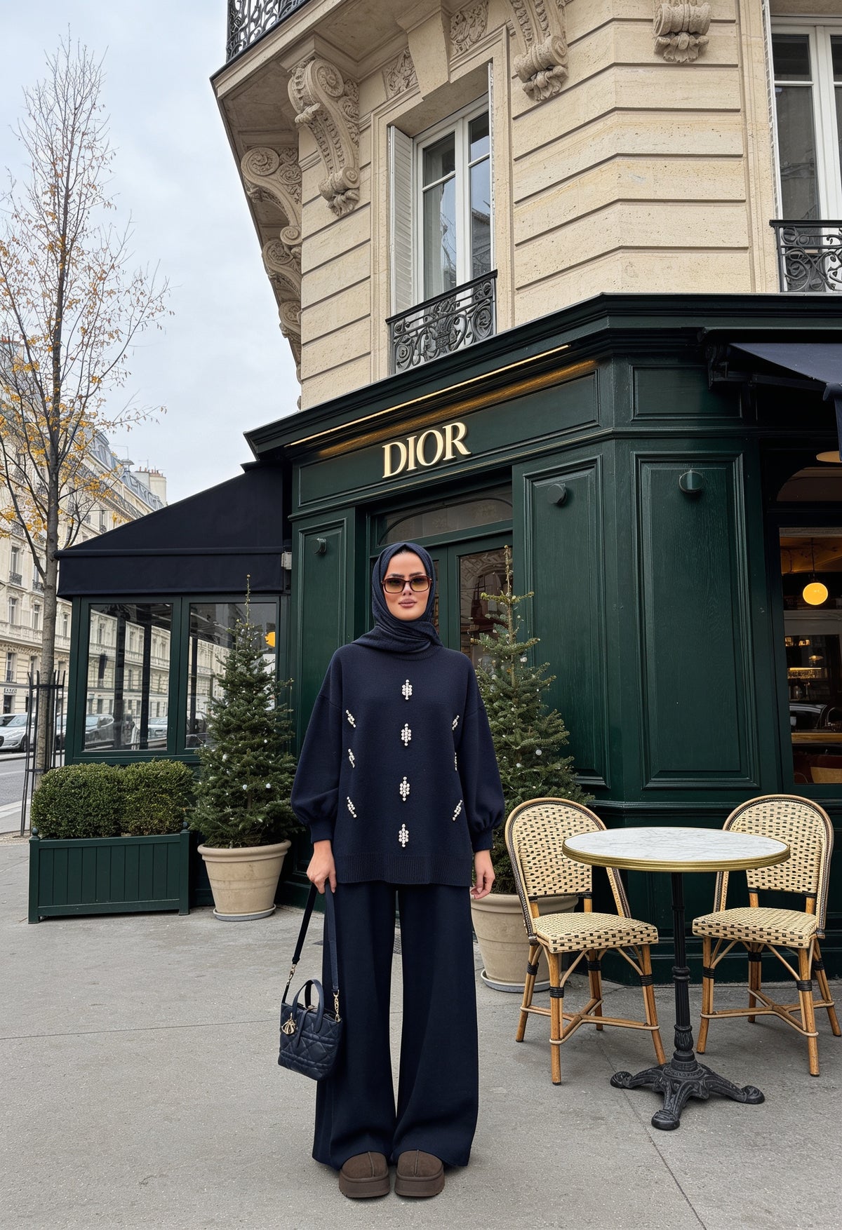 Suna Taş Detaylı Balon Kol Triko Tunik Pantolon Takım Saks Mavi
