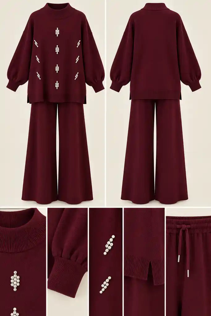 Taş Detaylı Balon Kol Triko Tunik Pantolon Takım Bordo