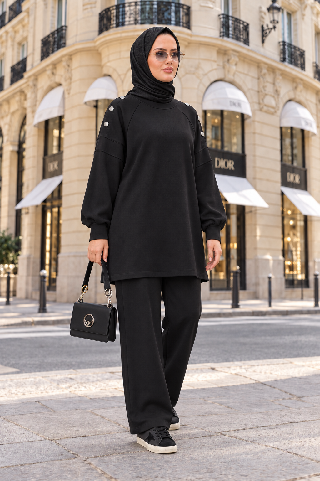 Mira Omuz Düğmeli Oversize Modal Pantolonlu Takım Siyah