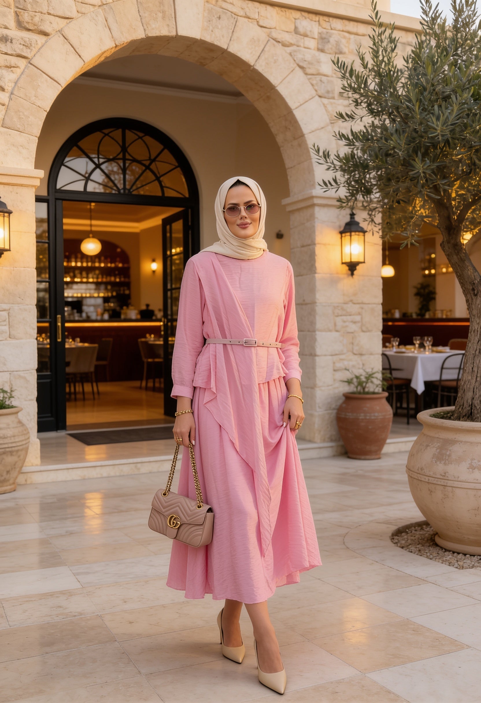 Pamuklu Astarlı Kemerli Şal Detay Etekli Takım Pembe