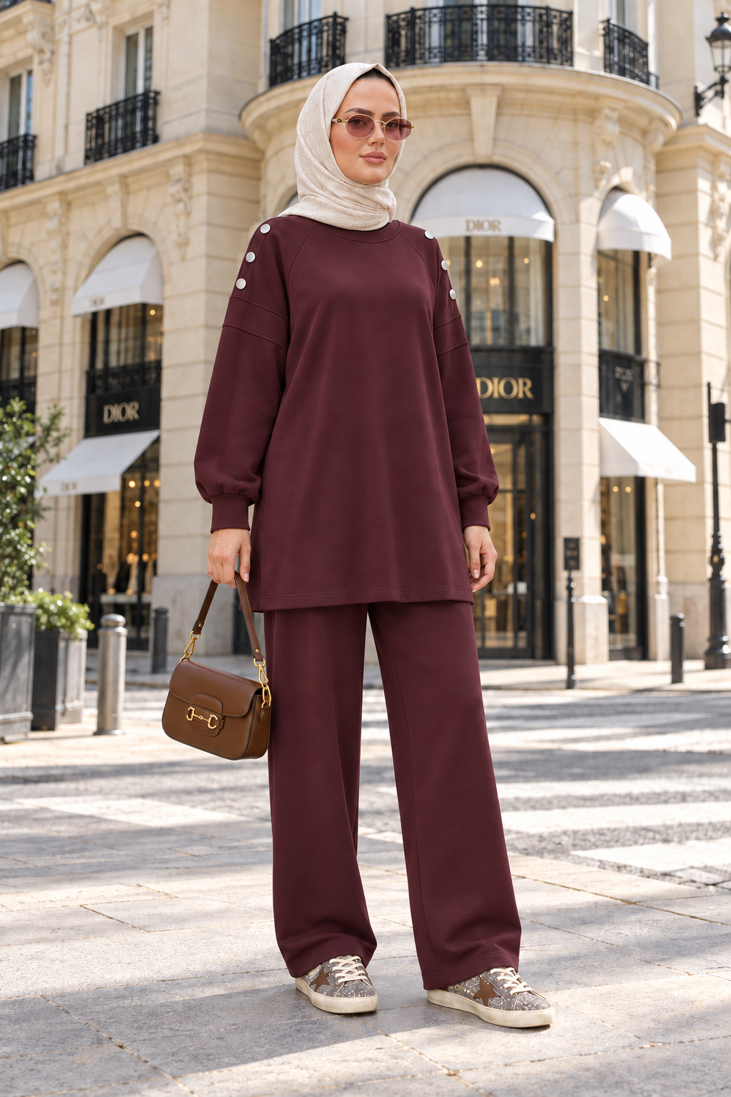 Mira Omuz Düğmeli Oversize Modal Pantolonlu Takım Bordo