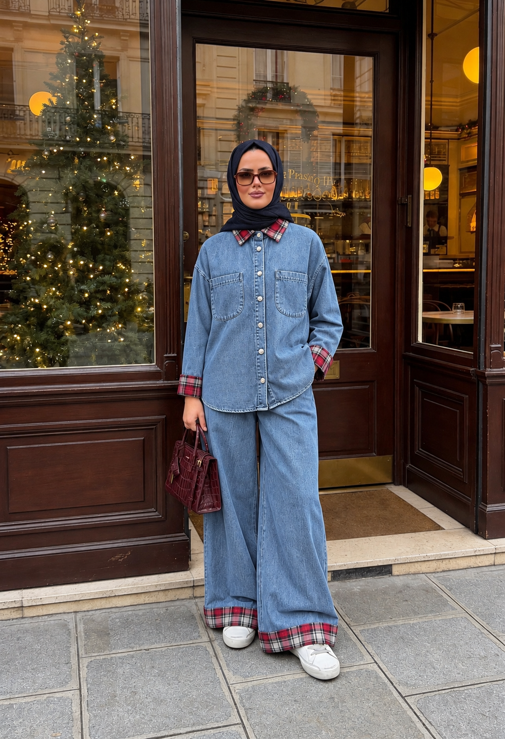 Ekose Detaylı Denim İkili Takım Açık Mavi