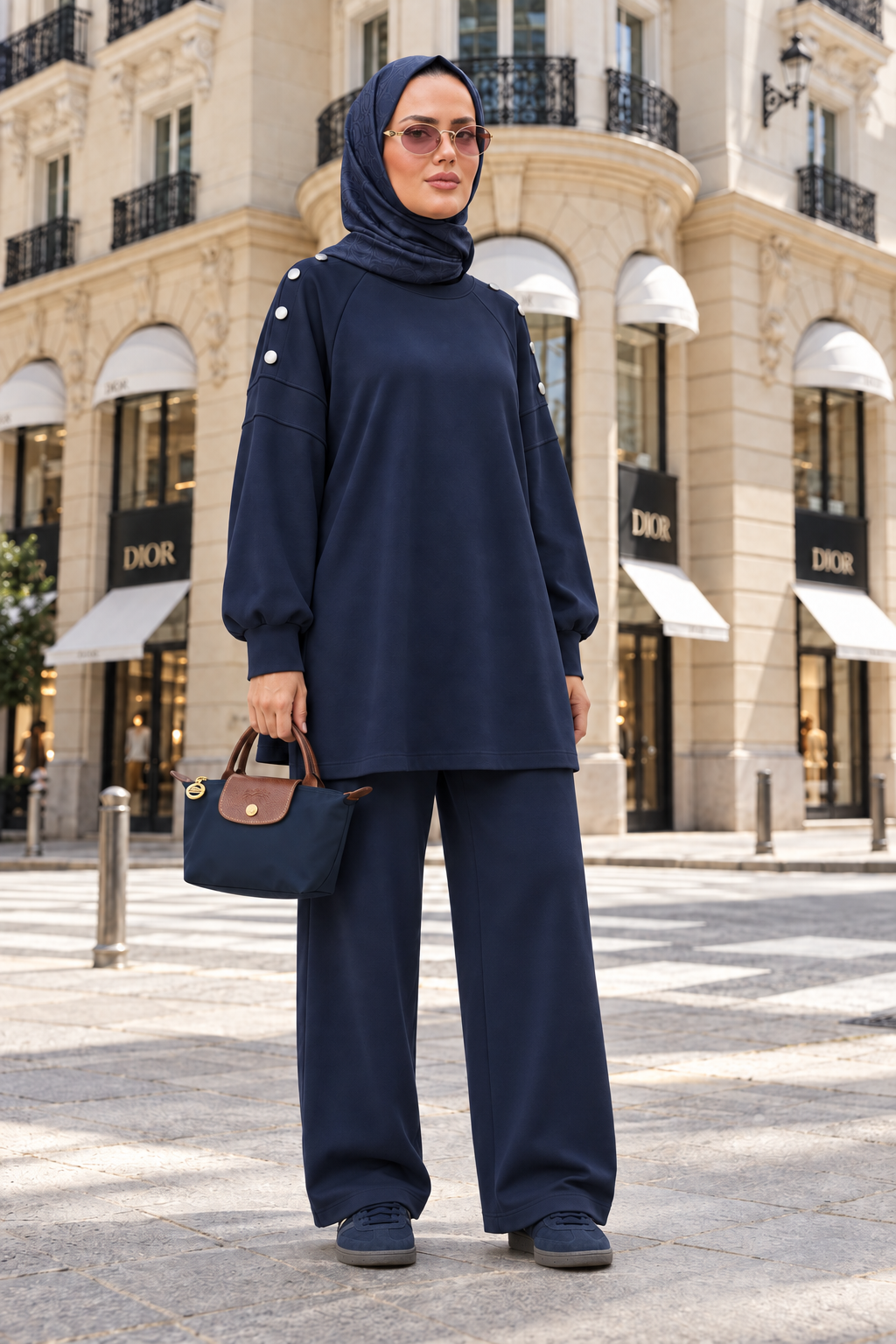 Mira Omuz Düğmeli Oversize Modal Pantolonlu Takım Lacivert