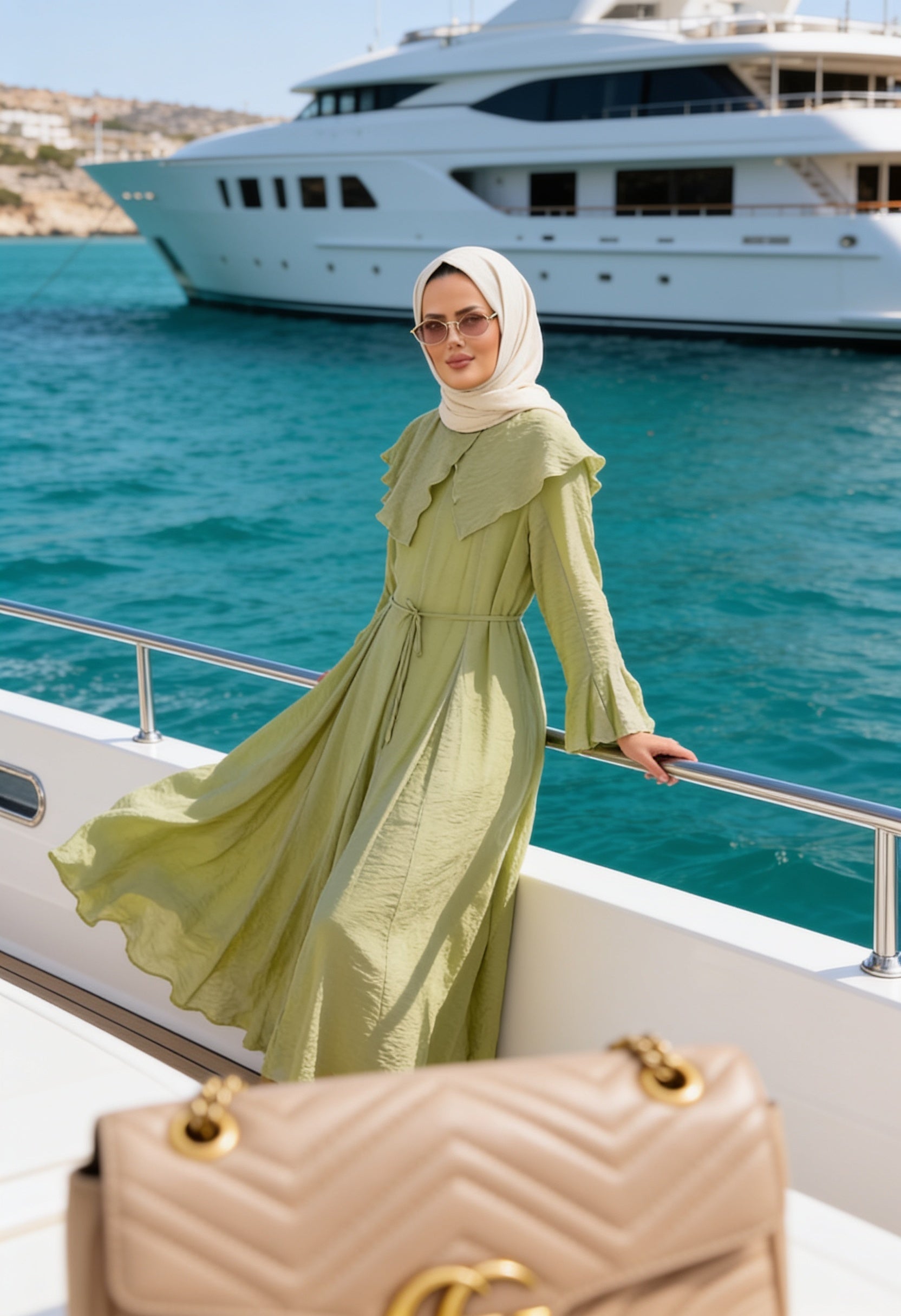Romantik Pamuk Vual Astarlı Elbise –Yeşil