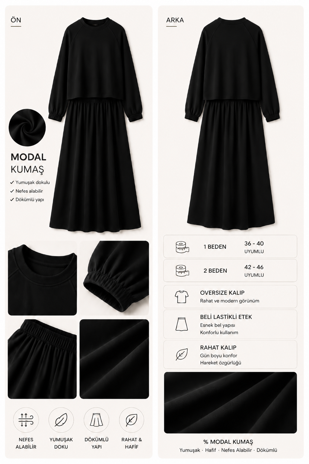 Mihra  Modal Kumaş Oversize Etekli Takım – Siyah