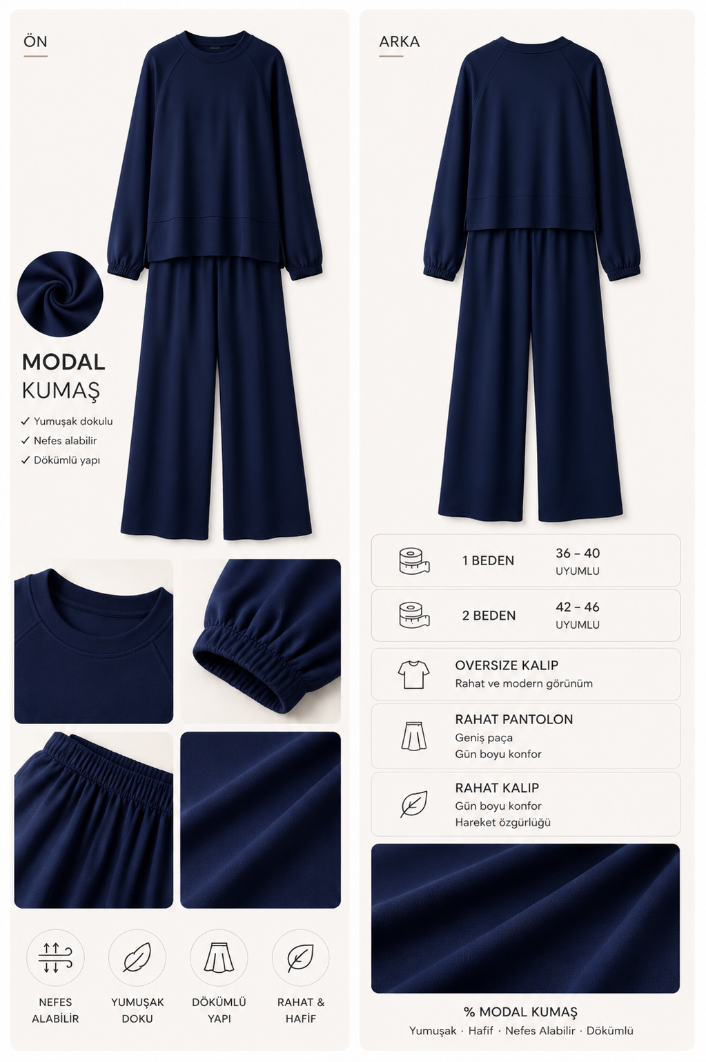 Aluna Modal Pantolonlu Takım | Premium Oversize Rahat Kalıp Lacivert